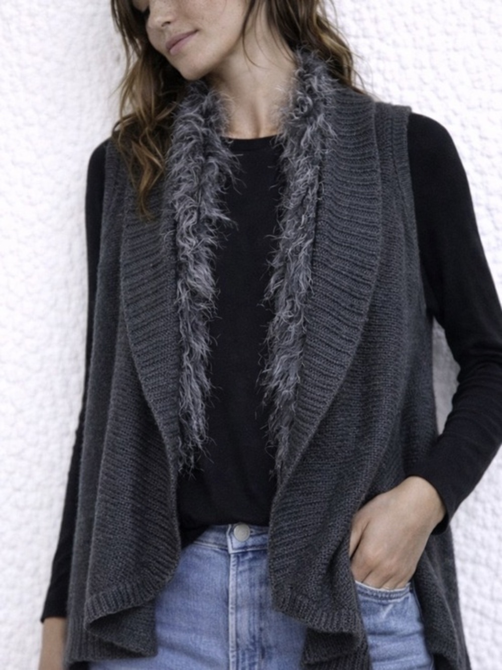 Sweater Project Gray Faux Fur‎ Vest Large Luxe Boho Festival Streetwear Winter